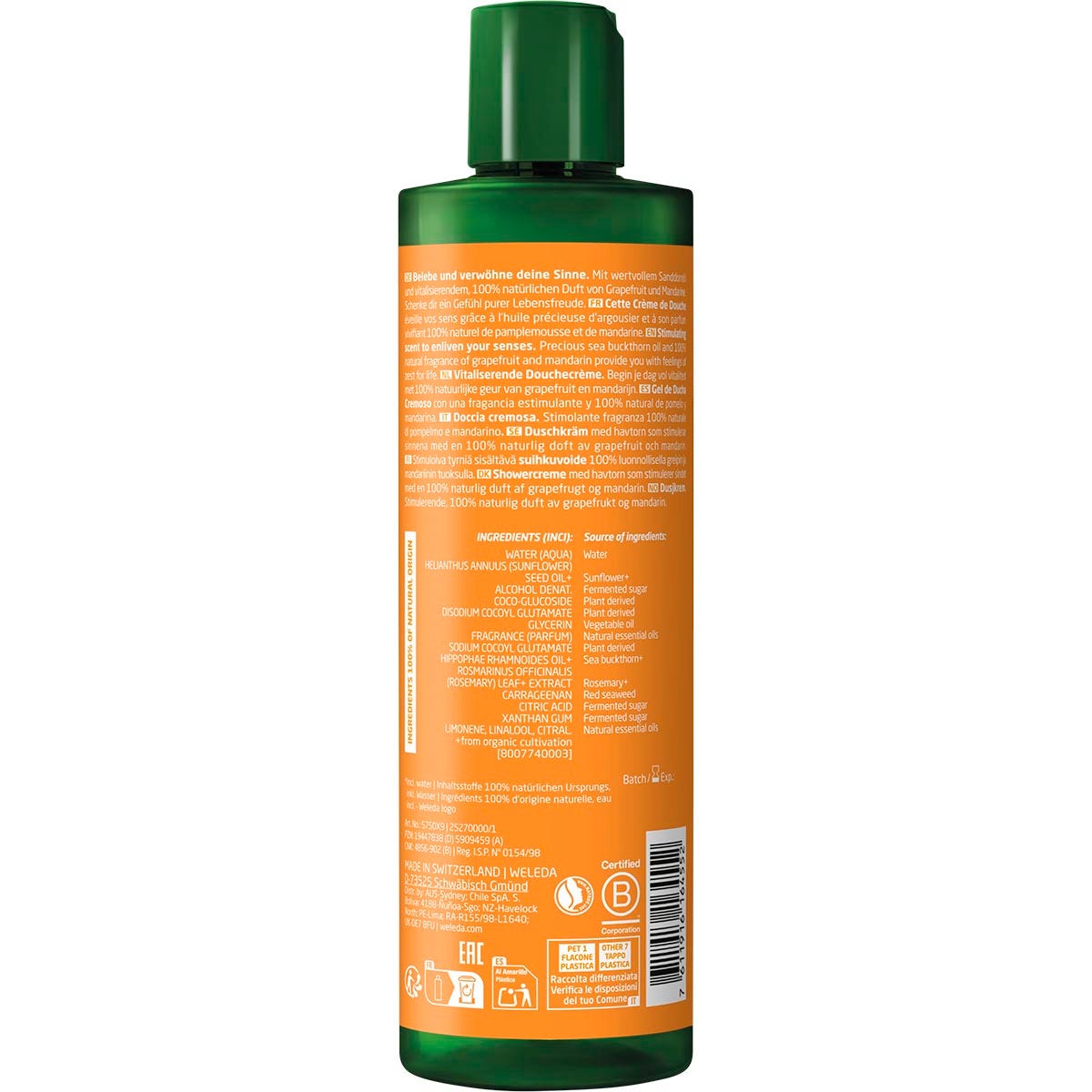 Back of a 400ml Weleda Vitality Sea Buckthorn Shower Cream bottle with ingredients and usage instructions.