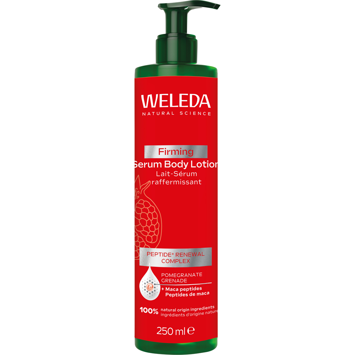 Weleda Pomegranate Firming Serum Body Lotion 250ml pump bottle with red and white label.