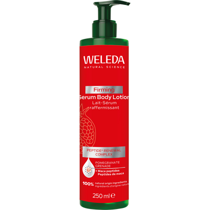 Weleda Pomegranate Firming Serum Body Lotion 250ml pump bottle with red and white label.