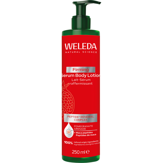 Weleda Pomegranate Firming Serum Body Lotion 250ml pump bottle with red and white label.
