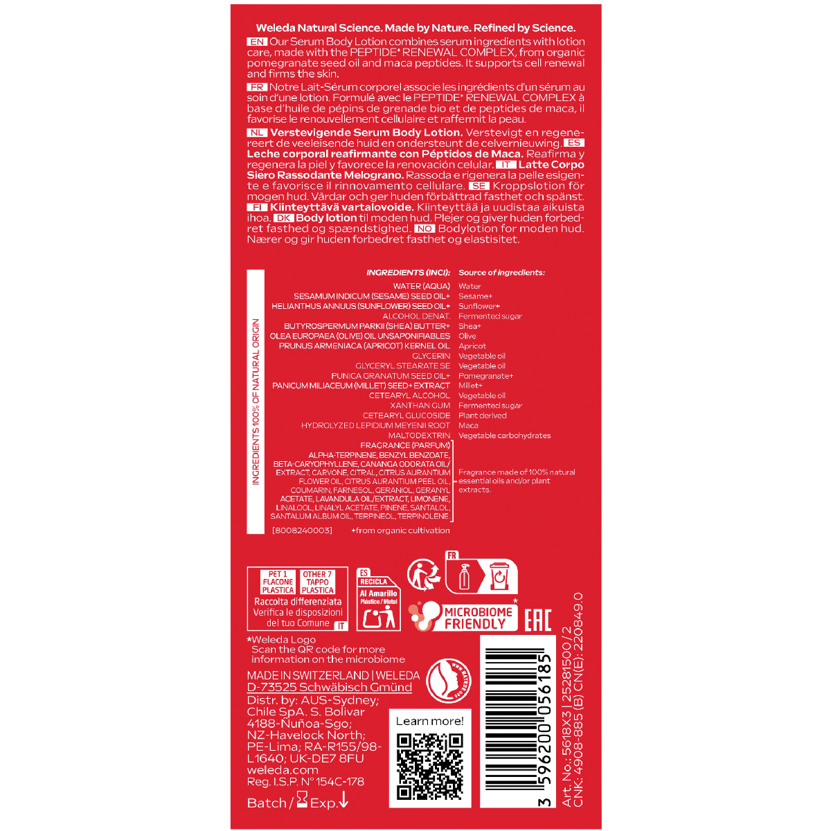 Back of Weleda Pomegranate Firming Serum Body Lotion 250ml with ingredients and product information.
