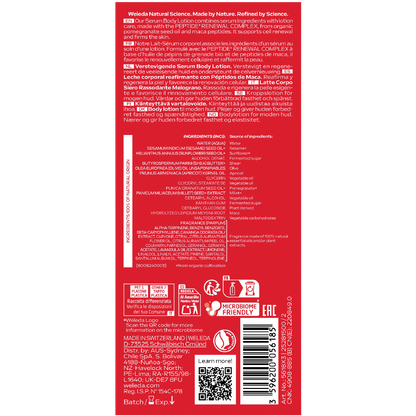 Back of Weleda Pomegranate Firming Serum Body Lotion 250ml with ingredients and product information.