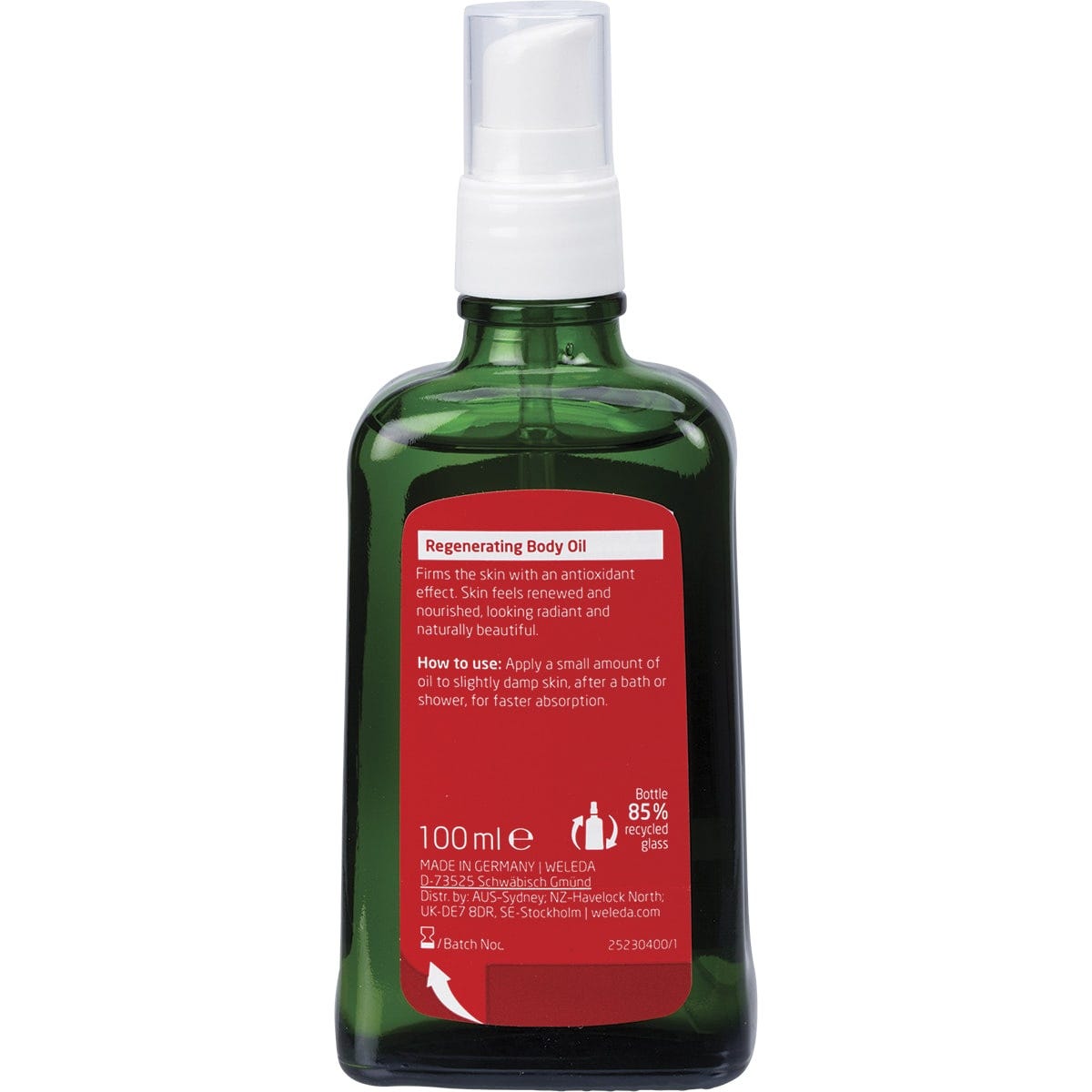 Back of Weleda Pomegranate Regenerating Body Oil bottle with product information and ingredients.