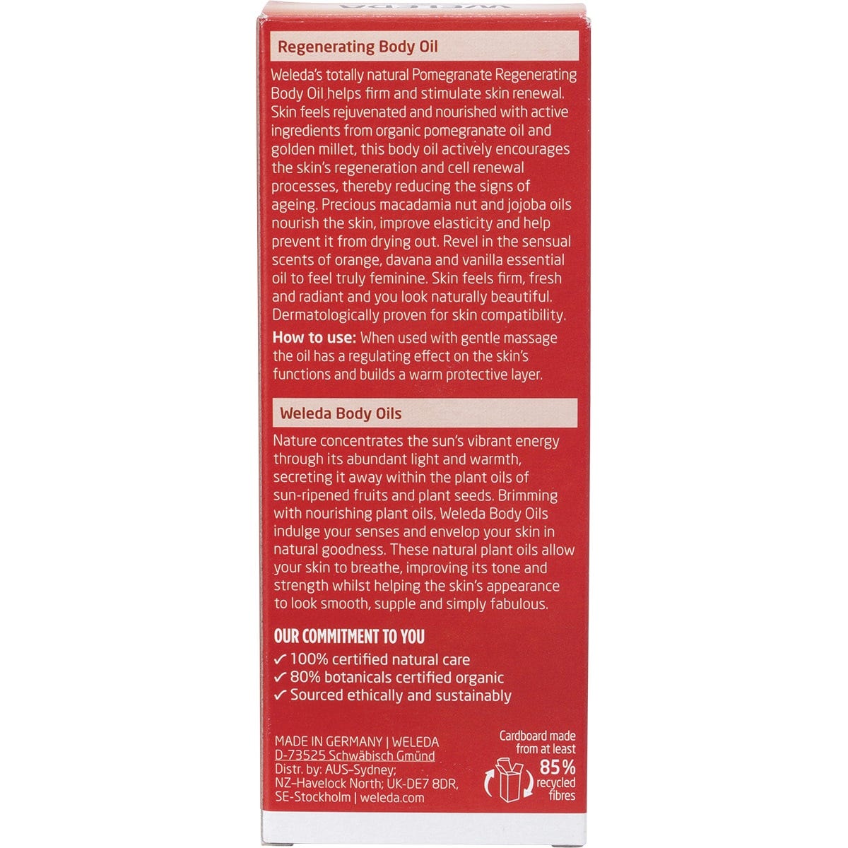 Back of Weleda Pomegranate Body Oil box with ingredients, directions, and certified natural and vegan labels.