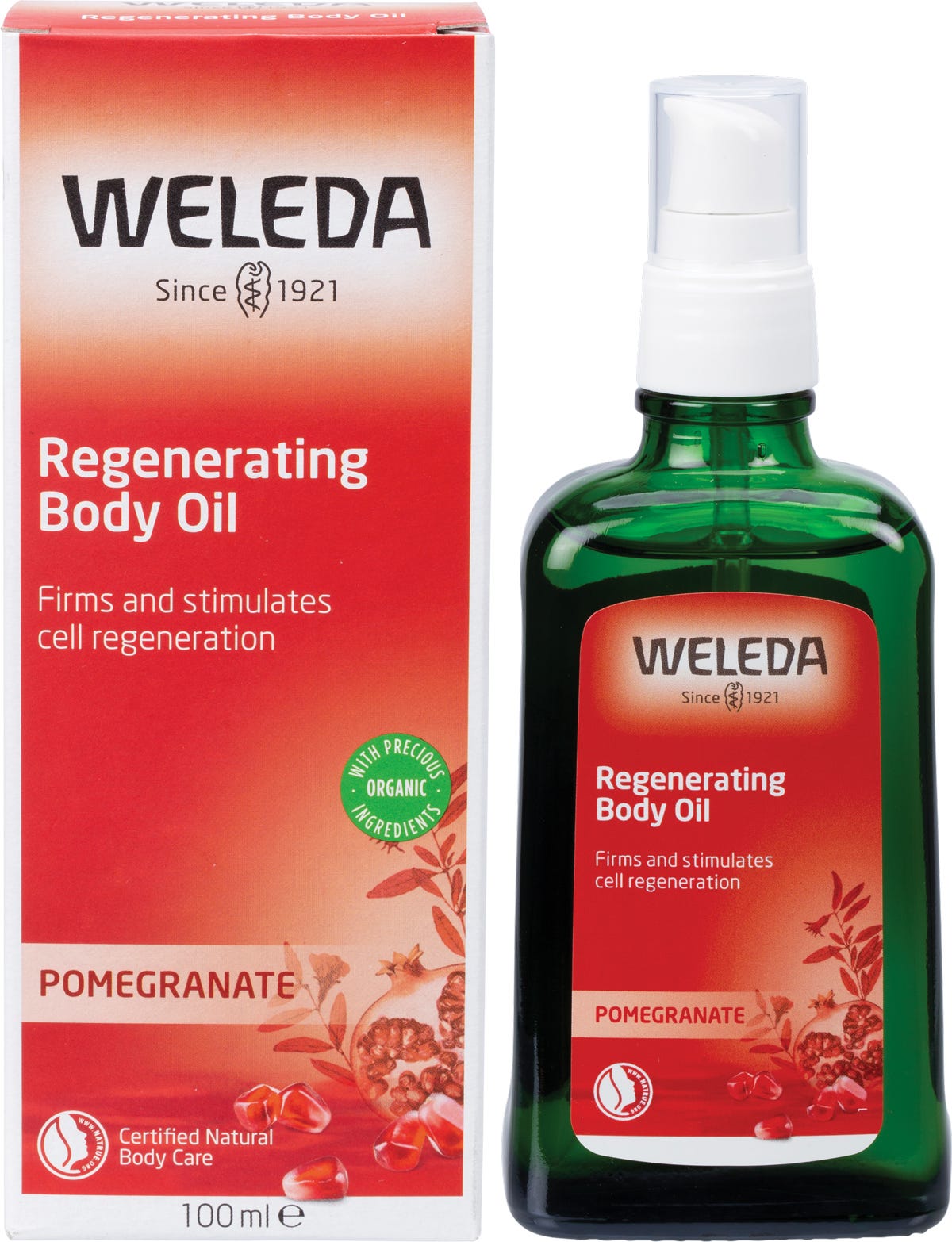 100ml bottle of Weleda Regenerating Body Oil Pomegranate next to its red and white product packaging box.