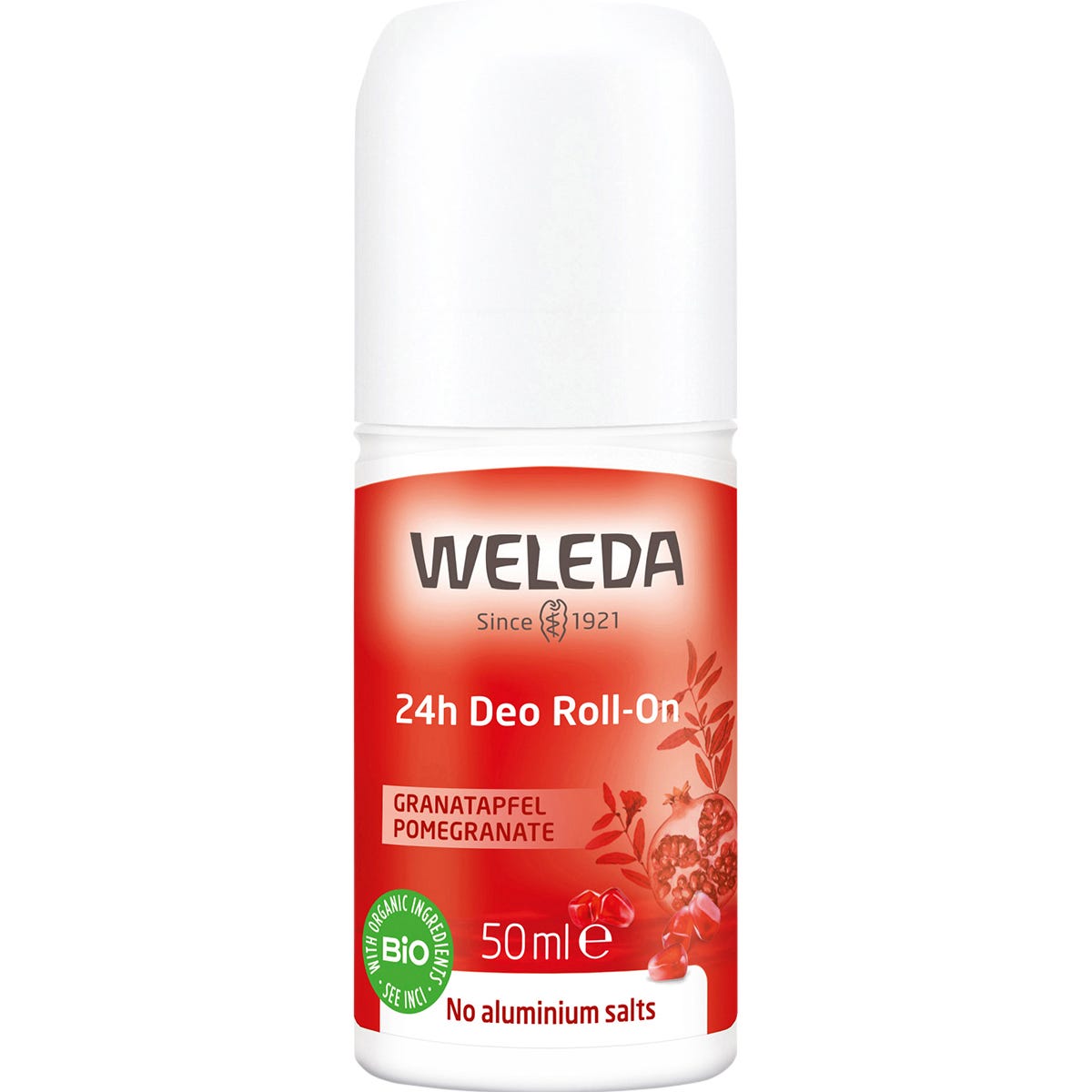 Weleda Pomegranate 24h Roll-On Deodorant in a 50ml white bottle with a red and orange label.