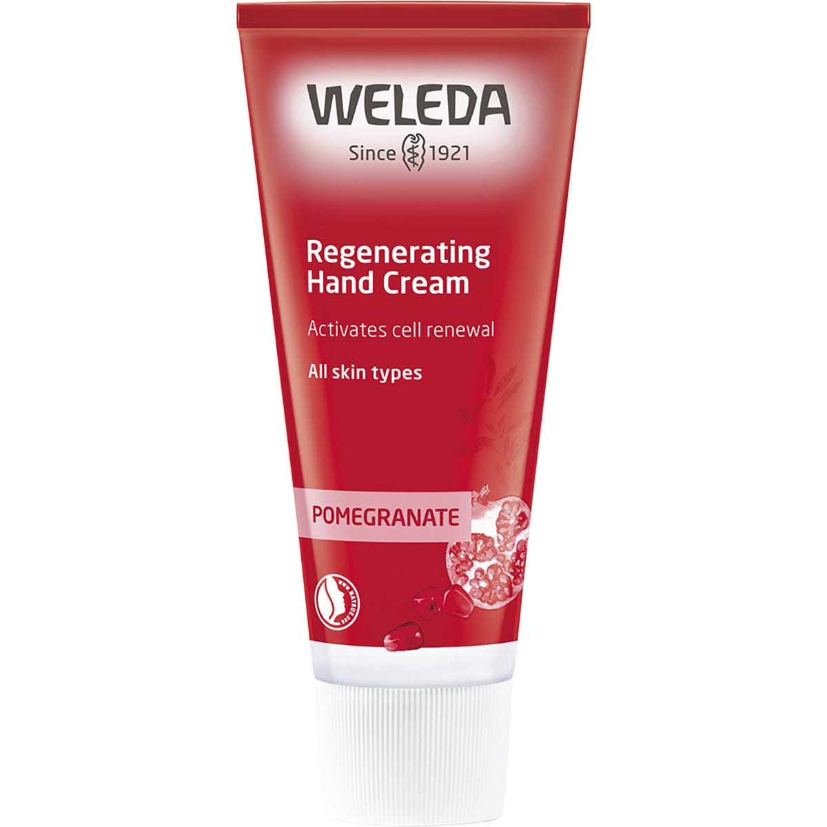 50ml tube of Weleda Regenerating Hand Cream Pomegranate on a white background.
