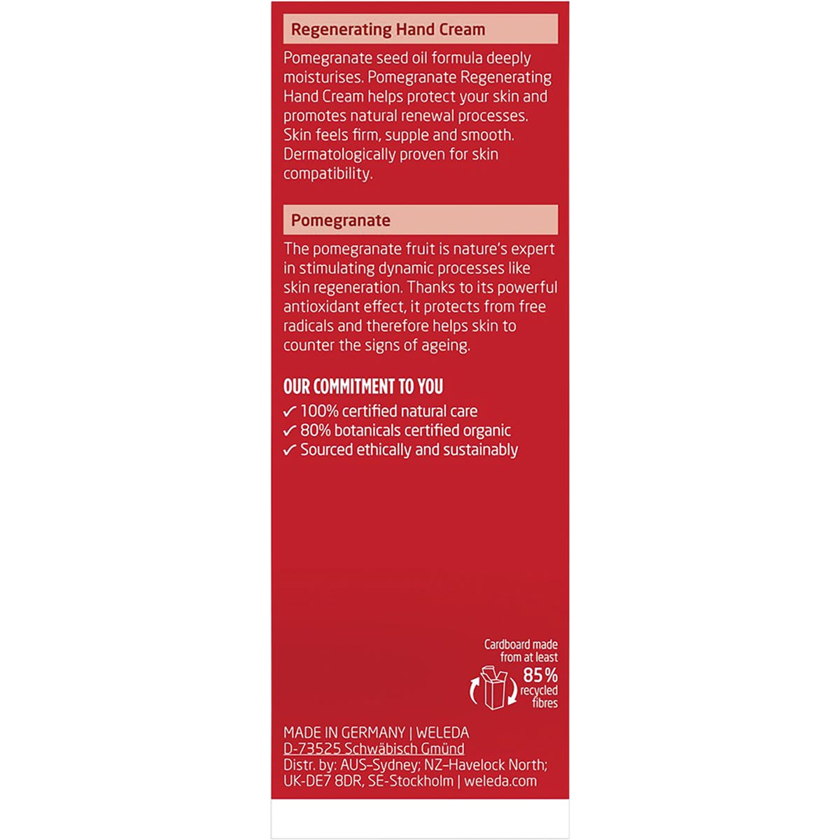 Back of a 50ml Weleda Pomegranate Hand Cream box with nutrition facts, ingredients, and product certifications.