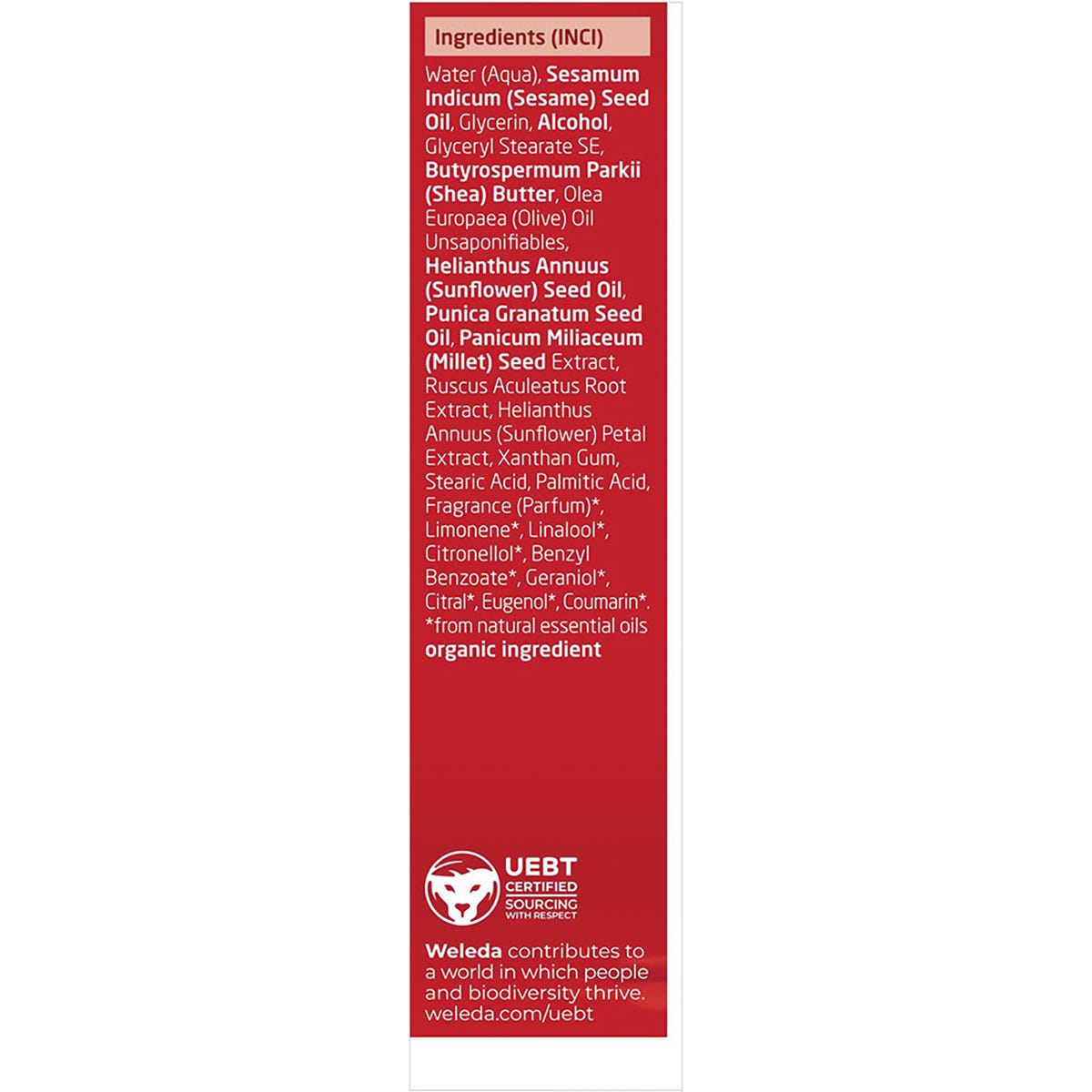 Right side of Weleda Pomegranate Hand Cream box showing product features and "Sourcing with Respect" certification logo.