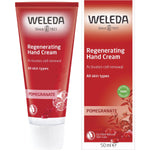 Weleda Regenerating Hand Cream Pomegranate 50ml tube and box set against a white background.