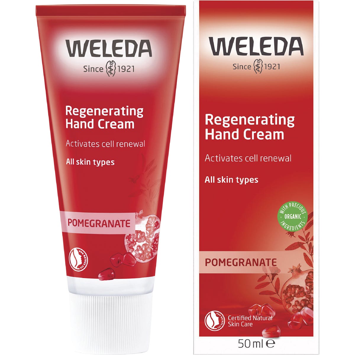 Weleda Regenerating Hand Cream Pomegranate 50ml tube and box set against a white background.