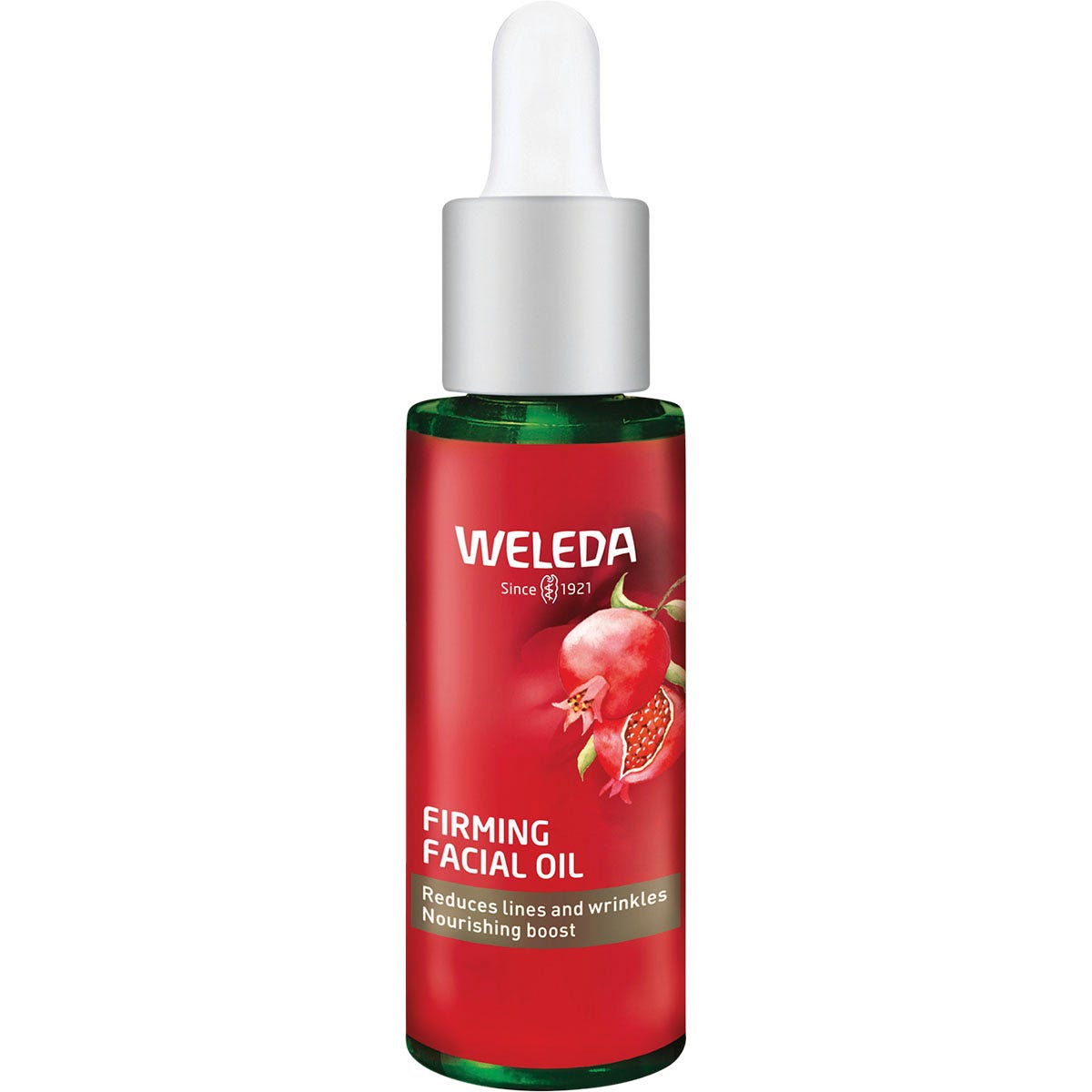 30ml glass dropper bottle of Weleda Pomegranate Firming Facial Oil on a white background.