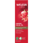 Red and white box for Weleda Pomegranate Firming Facial Oil 30ml with botanical illustrations on a white background.