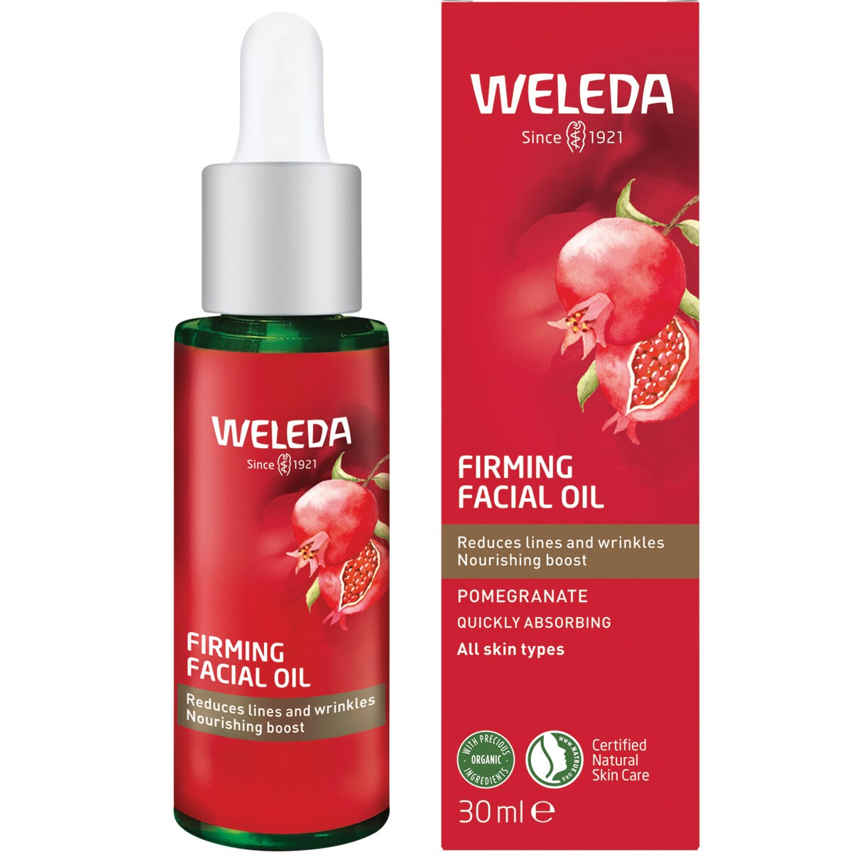 30ml dropper bottle and box of Weleda Pomegranate Firming Facial Oil, featuring a gold-toned liquid and botanical accents.