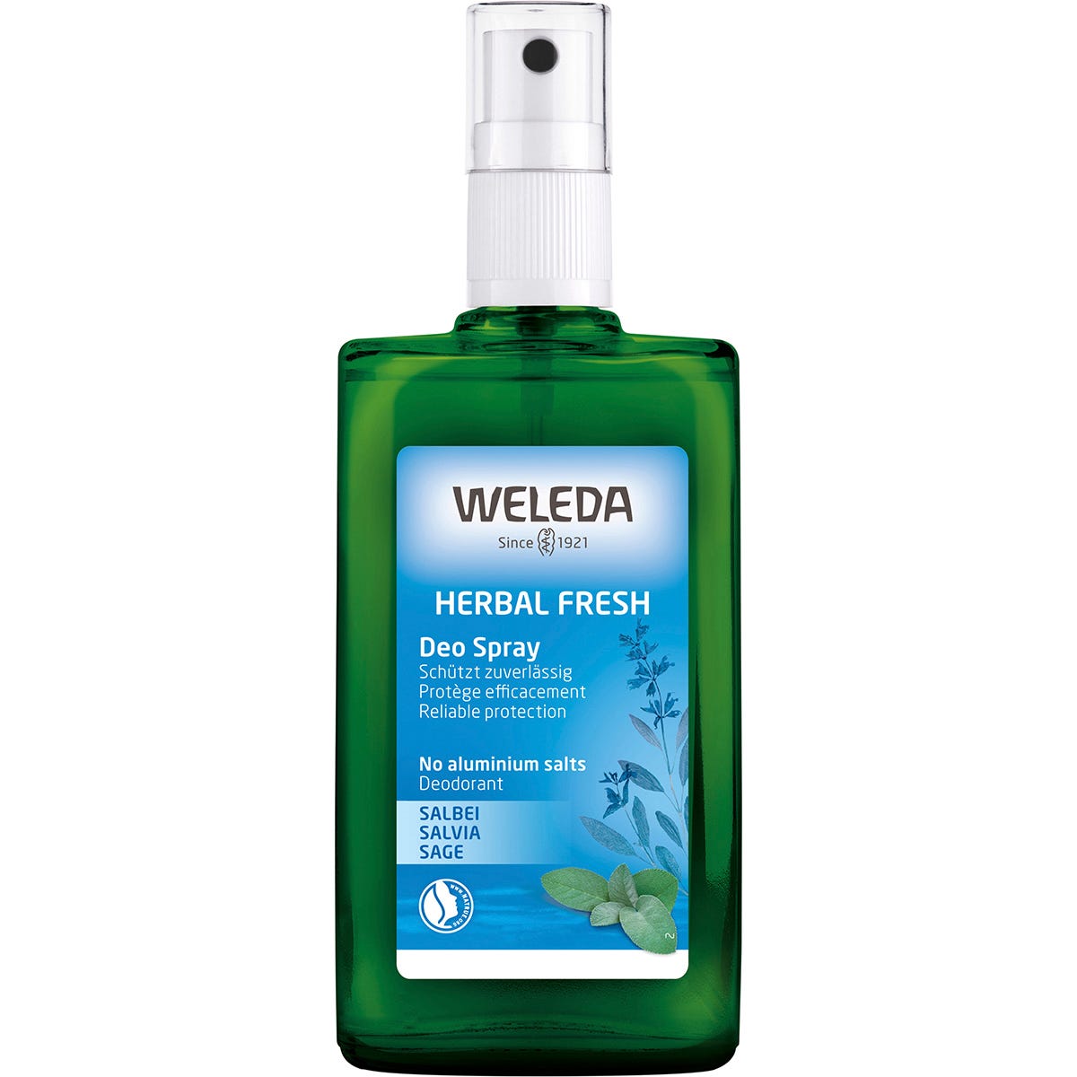 100ml glass spray bottle of Weleda Herbal Fresh Sage Deodorant with a green and white label.