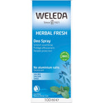 Weleda Herbal Fresh Sage 100ml deodorant box with green accents and herbal illustrations on a white background.