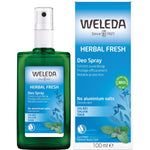 Weleda Herbal Fresh Sage 100ml spray deodorant bottle and matching box with herbal illustrations on a white background.