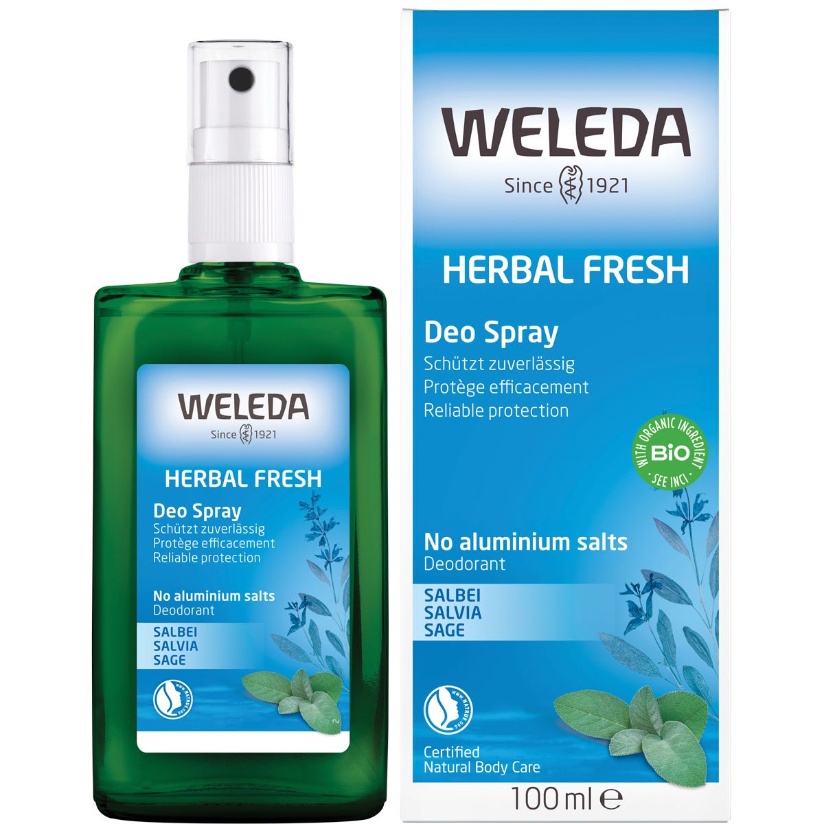 Weleda Herbal Fresh Sage 100ml spray deodorant bottle and matching box with herbal illustrations on a white background.