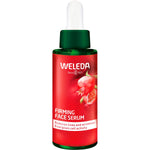 30ml bottle of Weleda Pomegranate and Maca Peptides Firming Face Serum with a pump dispenser on a white background.
