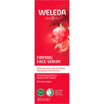 Back of a Weleda Pomegranate and Maca Peptides Firming Face Serum box with product details and botanical illustrations.