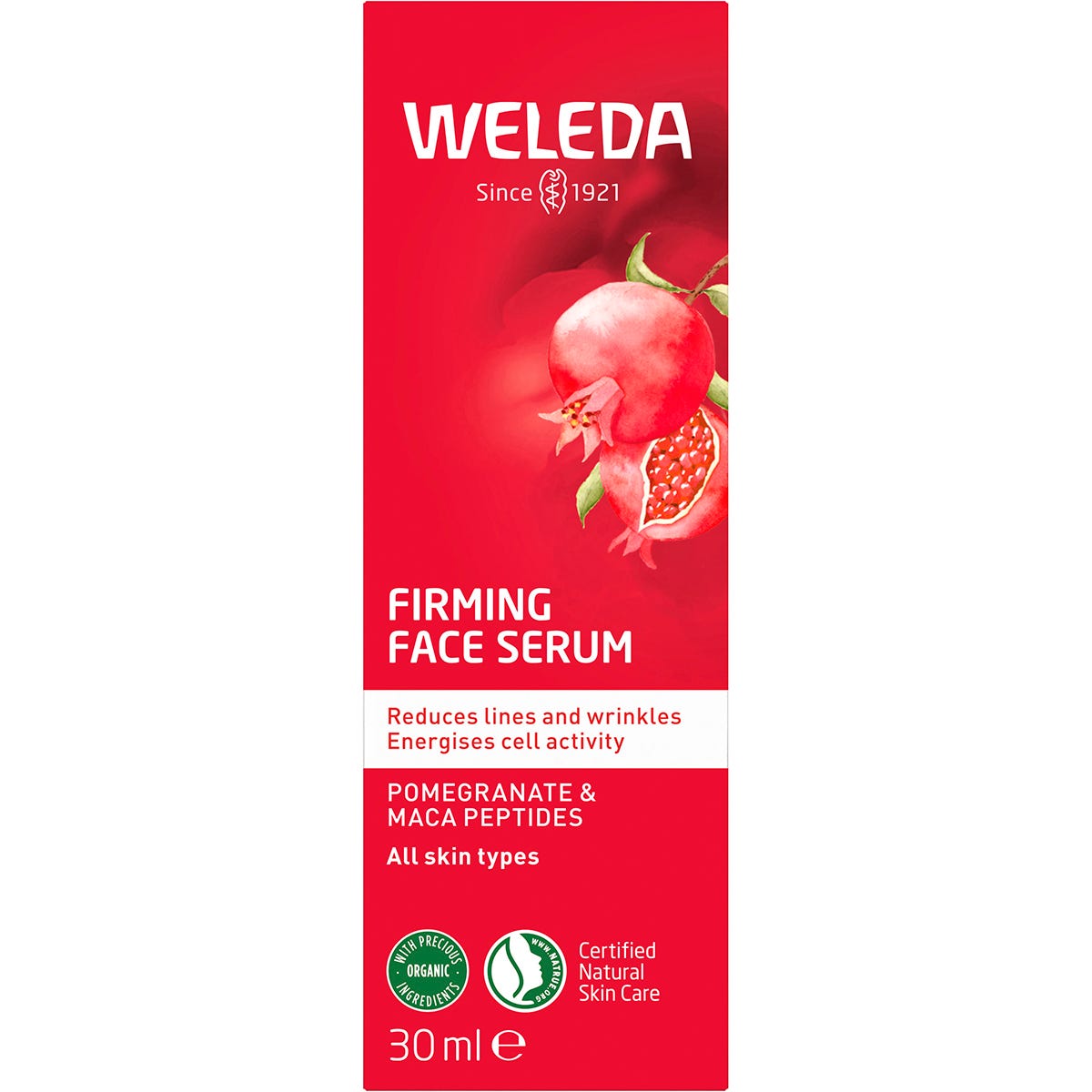 Back of a Weleda Pomegranate and Maca Peptides Firming Face Serum box with product details and botanical illustrations.