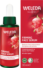 Weleda Pomegranate and Maca Peptides Firming Face Serum bottle and box with a 30ml pump dispenser and botanical illustrations.