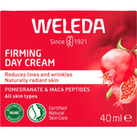 Weleda Firming Day Cream 40ml box with pomegranate and maca peptides on a white background.