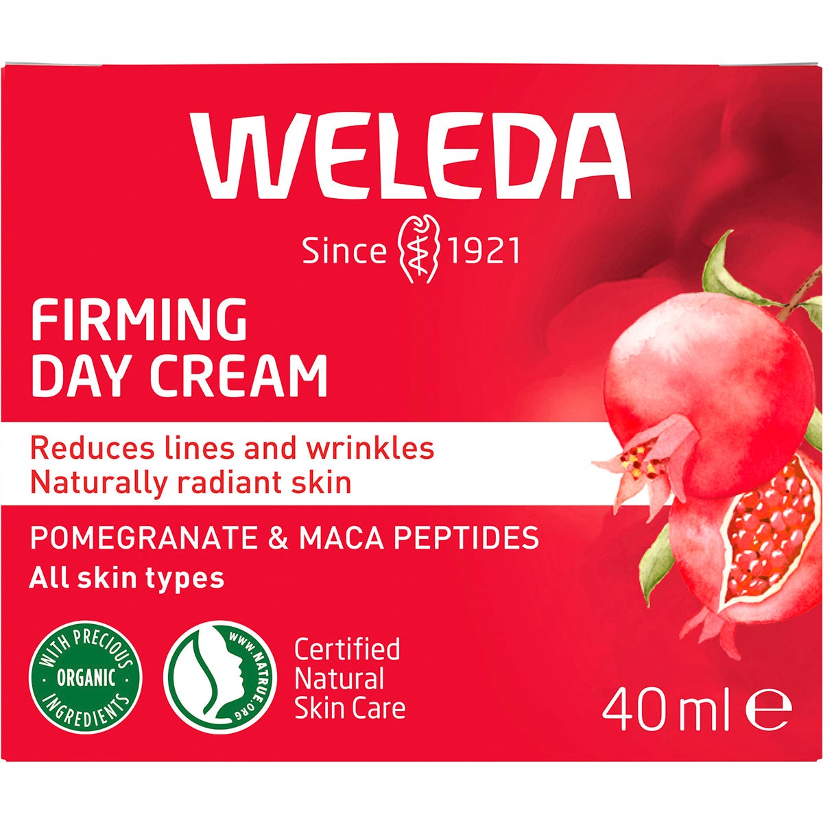 Weleda Firming Day Cream 40ml box with pomegranate and maca peptides on a white background.