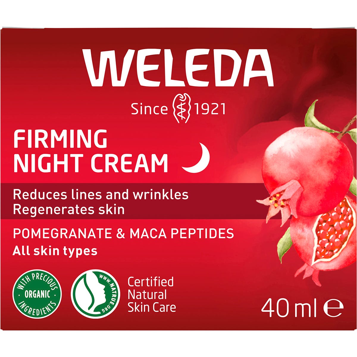 Weleda Pomegranate and Maca Peptides Firming Night Cream 40ml box with a white and orange floral design.