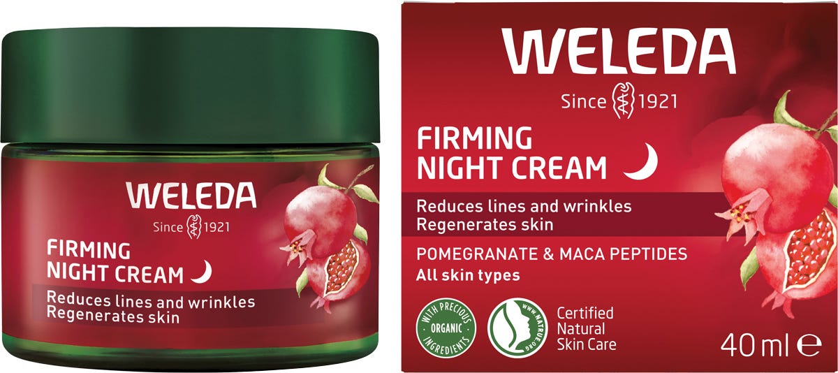 40ml tube and box of Weleda Pomegranate and Maca Peptides Firming Night Cream on a white background.