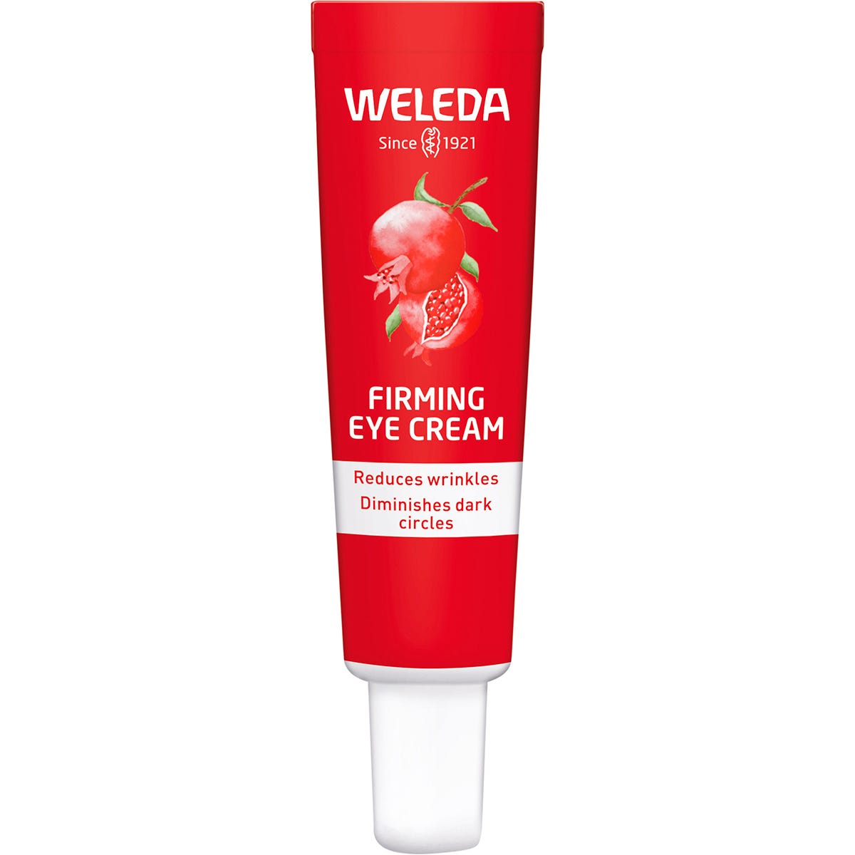 12ml tube of Weleda Firming Eye Cream with pomegranate and maca peptides on a white background.