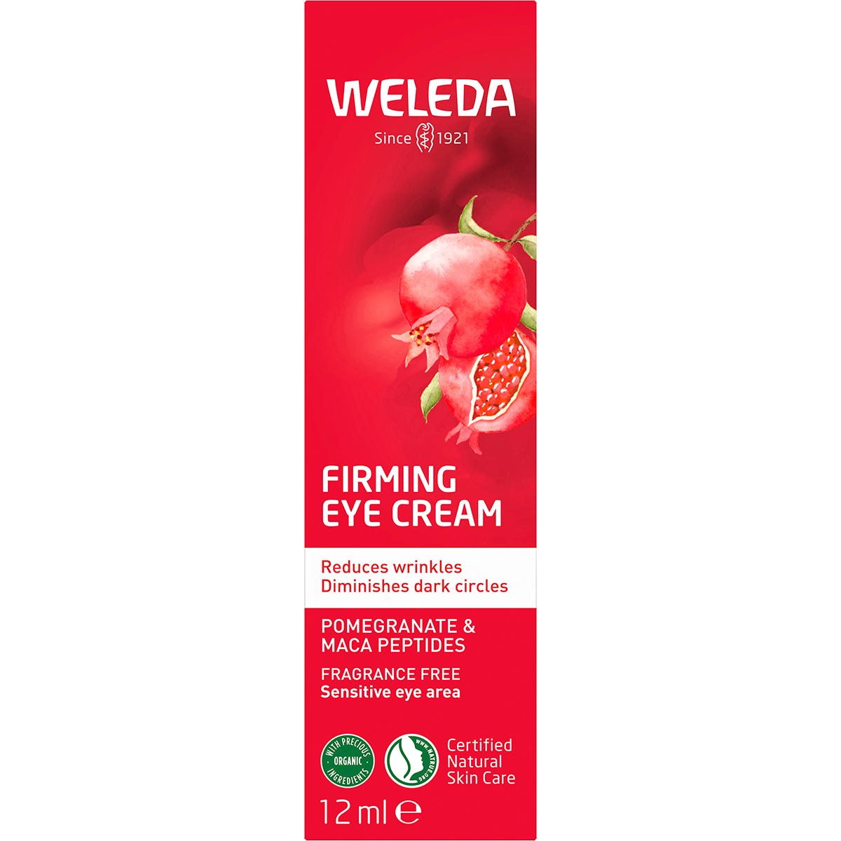 Weleda Firming Eye Cream 12ml box with pomegranate and maca peptides, organic and fragrance-free on a white background.
