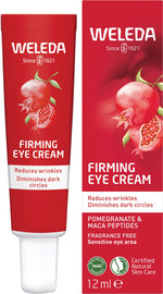 Weleda Firming Eye Cream 12ml tube and box with pomegranate and maca peptides on a white background.