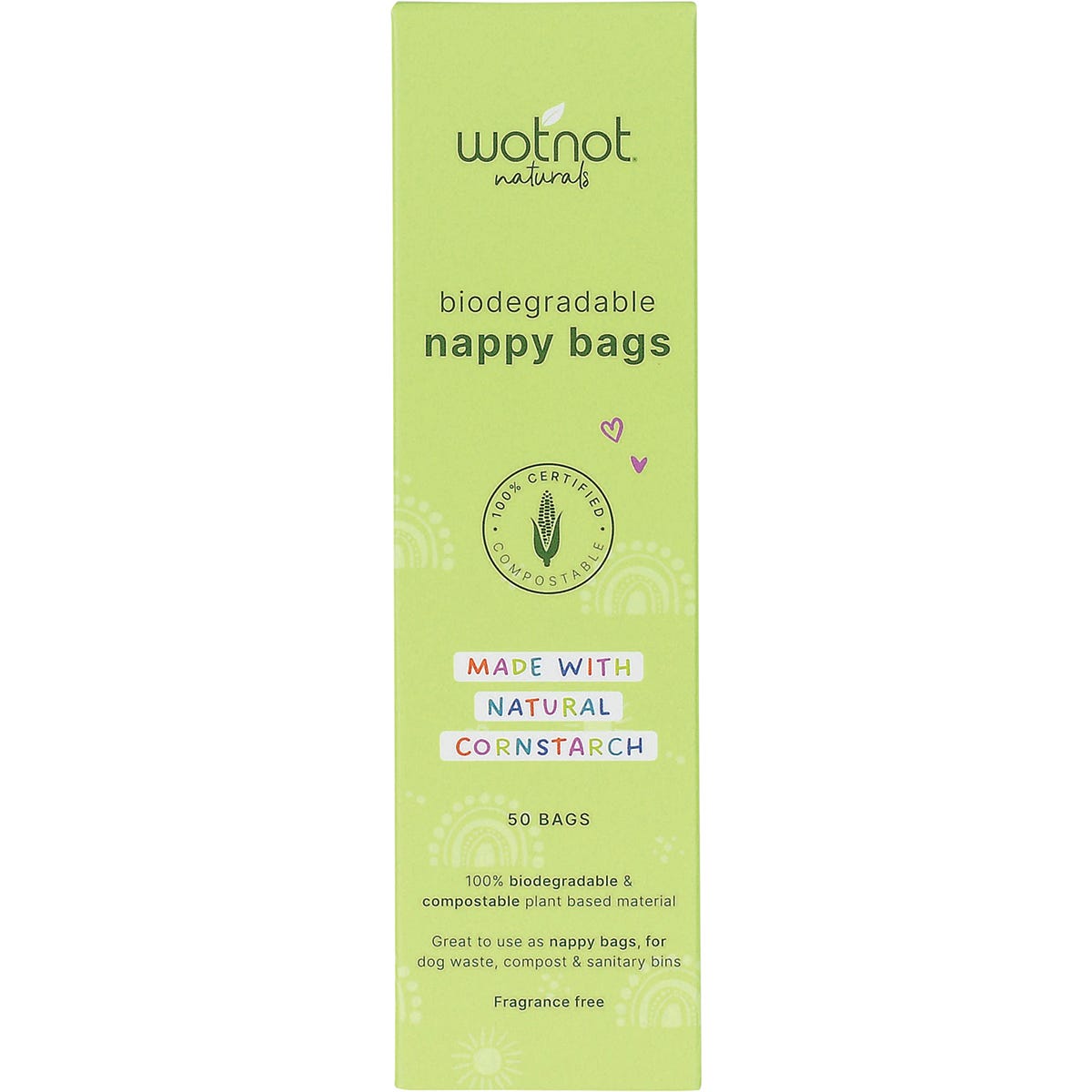 Box of 50 Wotnot biodegradable and compostable nappy bags made from GM-free cornstarch on a white background.