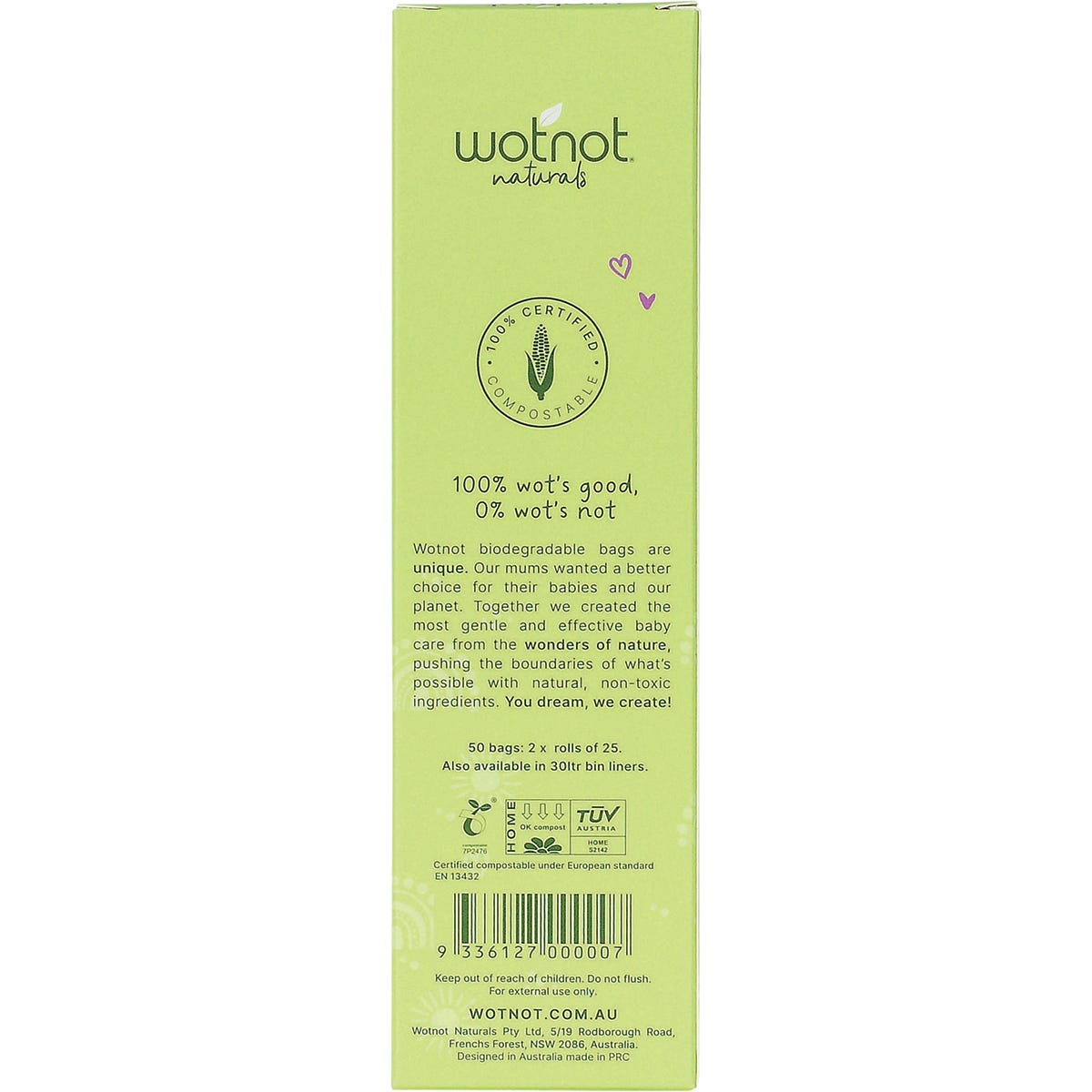 Back of Wotnot nappy bags box with product features, benefits, and standards logos on a white background.