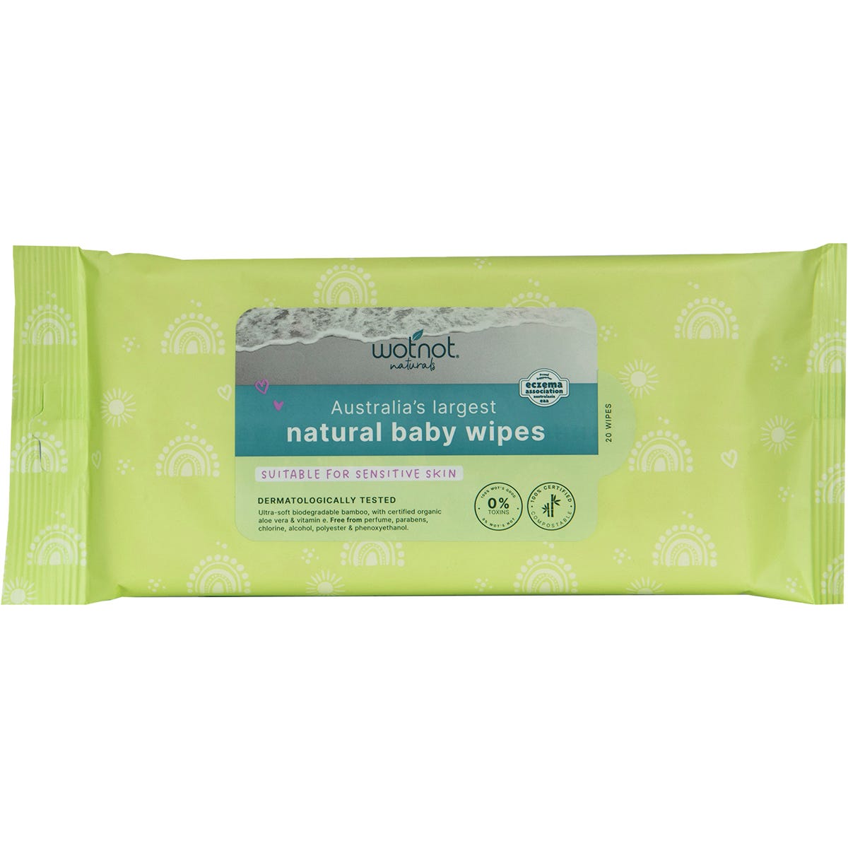 Wotnot Natural Baby Wipes 70 pack featuring a white and green resealable pouch with organic aloe vera and bamboo fibers.