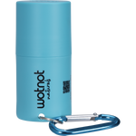 Wotnot refillable sunscreen roll-on applicator with a blue lid, shown without the carabiner clip.