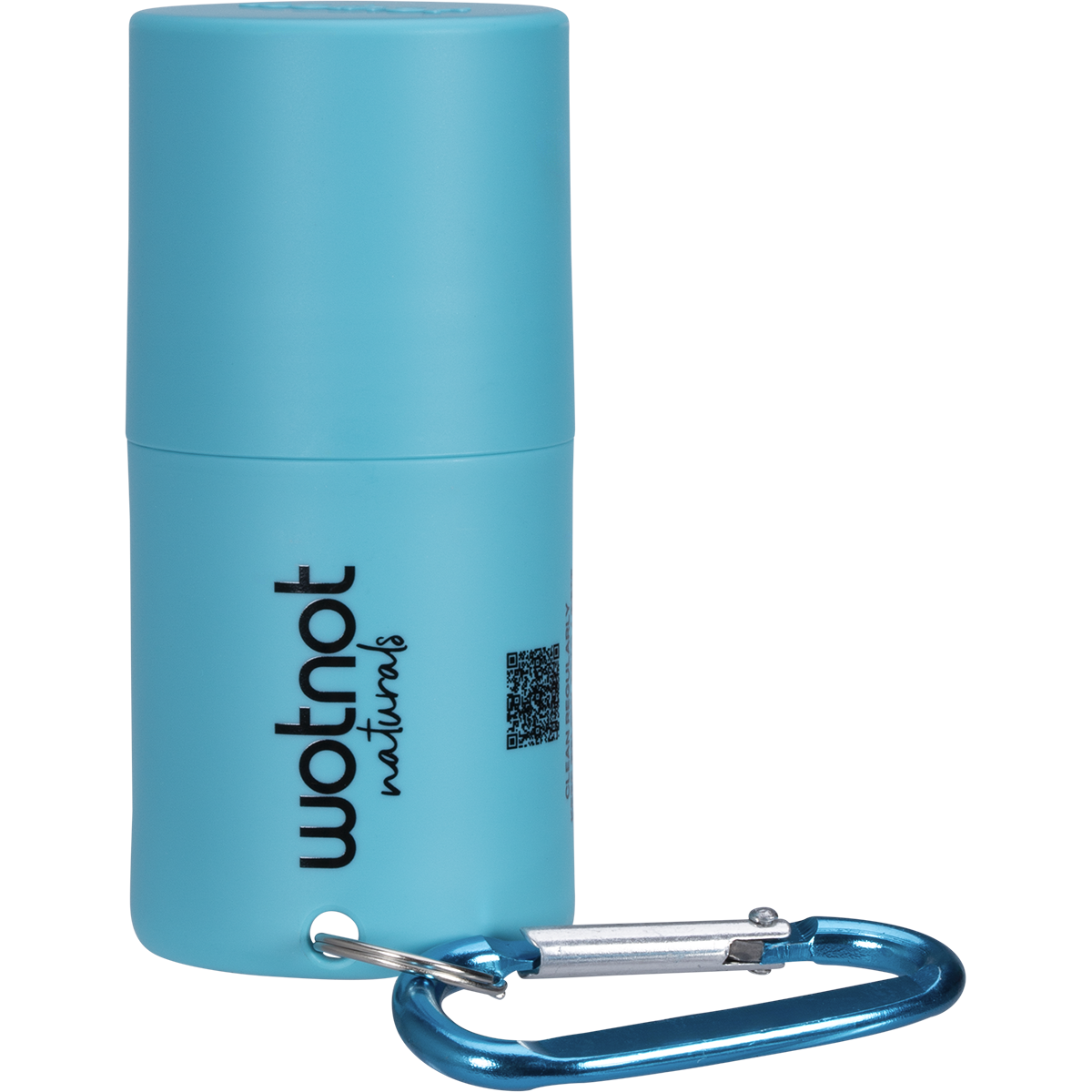 Wotnot refillable sunscreen roll-on applicator with a blue lid, shown without the carabiner clip.