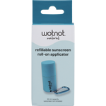 Wotnot refillable sunscreen roll-on applicator in its blue and white retail box on a white background.