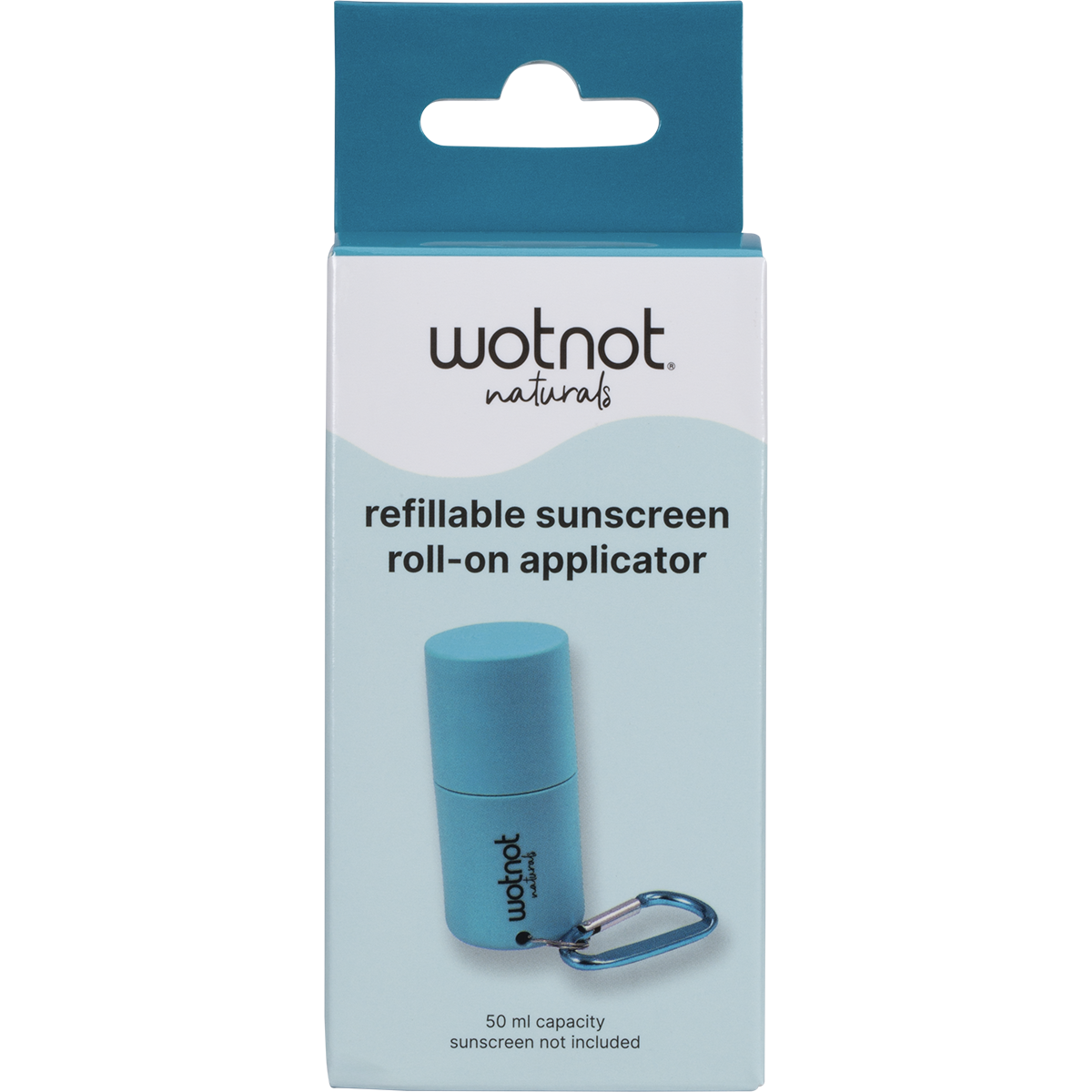 Wotnot refillable sunscreen roll-on applicator in its blue and white retail box on a white background.