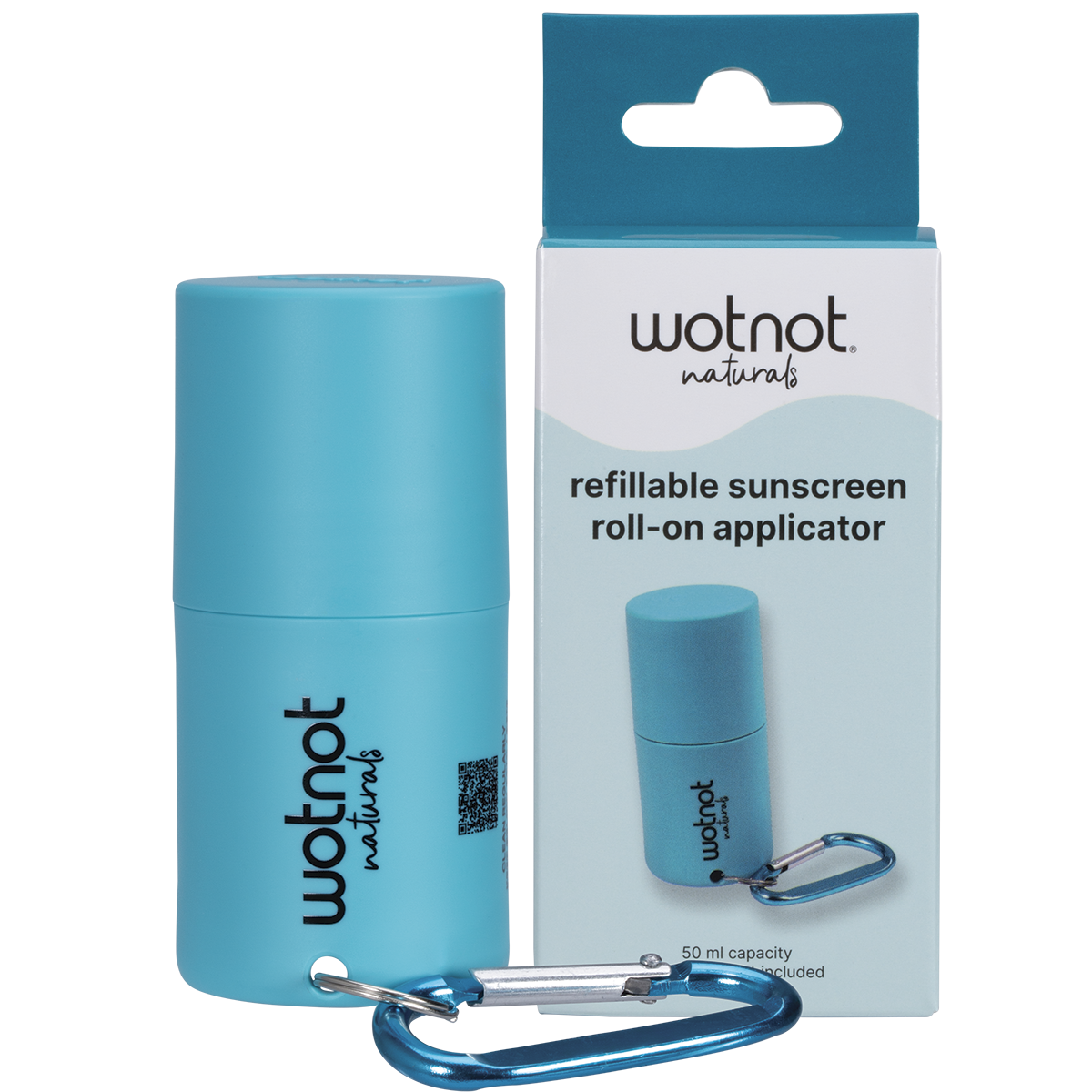 Wotnot refillable roll-on sunscreen applicator with a blue lid and a matching carabiner clip on a white background.