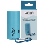 Wotnot refillable roll-on sunscreen applicator with a blue lid and a matching carabiner clip on a white background.