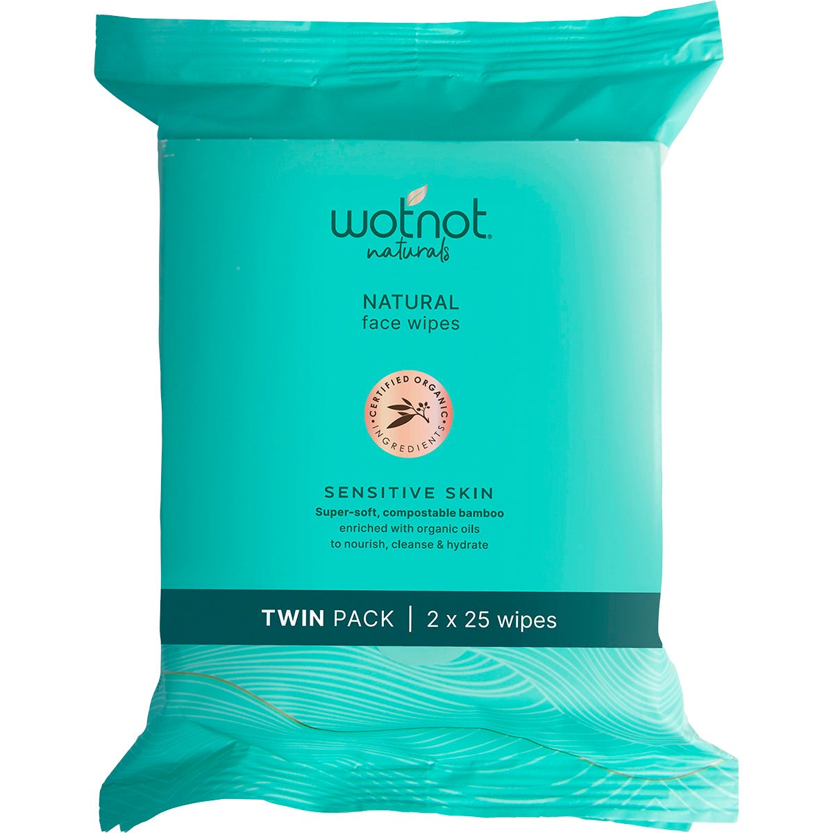 Two 25-packs of Wotnot Natural Face Wipes for sensitive skin, made from 100% bamboo, in white and pink packaging.