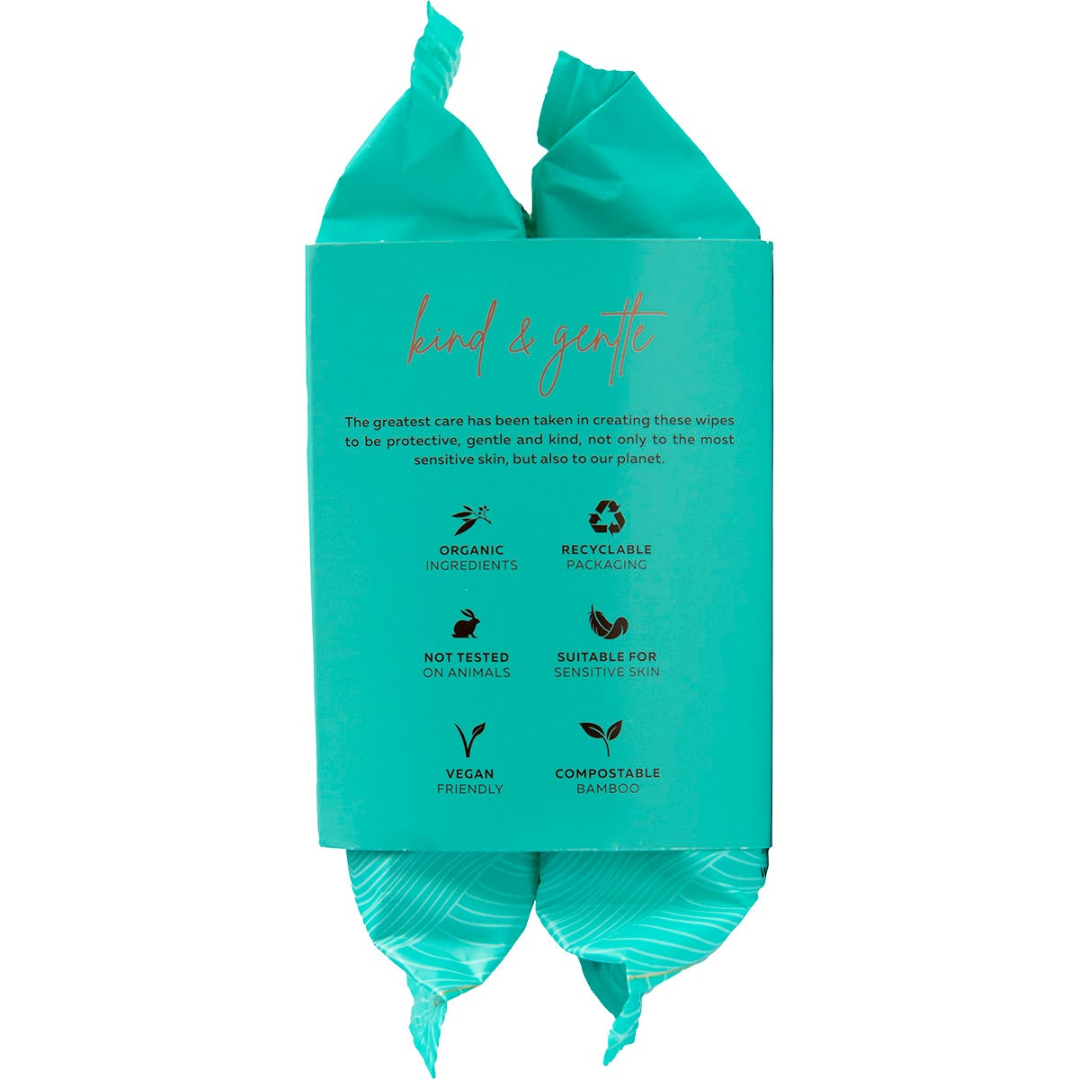 Side view of Wotnot Natural Face Wipes Sensitive twin pack, highlighting 100% bamboo and organic ingredients.