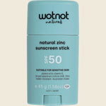 Wotnot Natural Zinc Sunscreen Stick SPF 50 45g in a yellow and white tube with a sun icon.