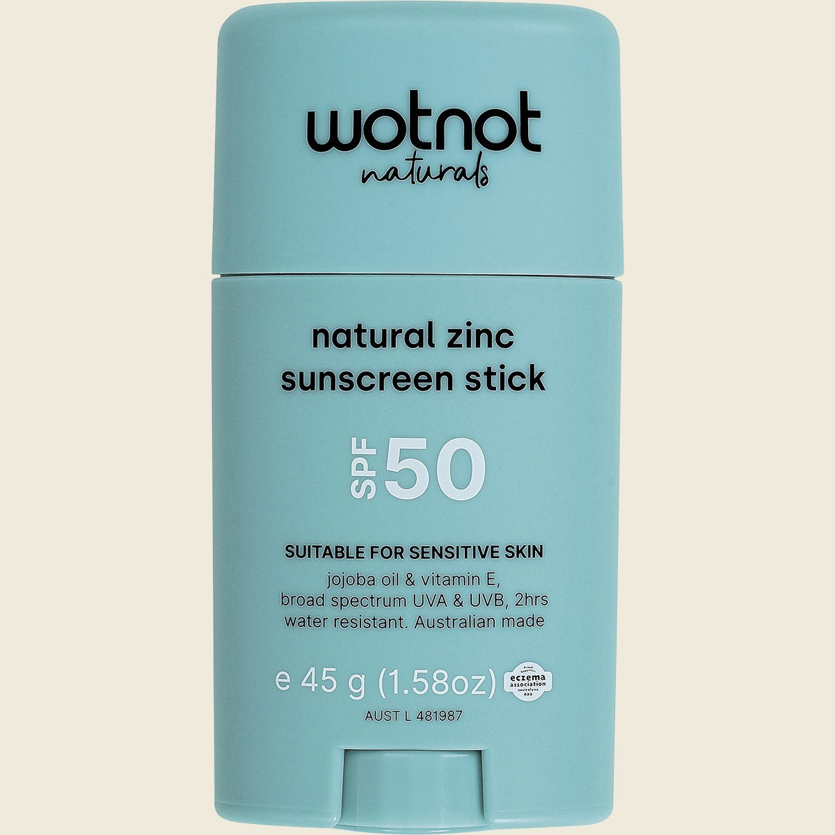 Wotnot Natural Zinc Sunscreen Stick SPF 50 45g in a yellow and white tube with a sun icon.