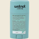 Back of Wotnot SPF 50 sunscreen stick with directions, ingredients, and warnings on a yellow and white label.