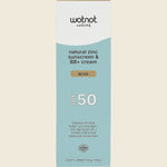 Wotnot Natural Zinc Sunscreen and BB+ Cream SPF 50 Beige 50g box with floral illustrations on a white background.