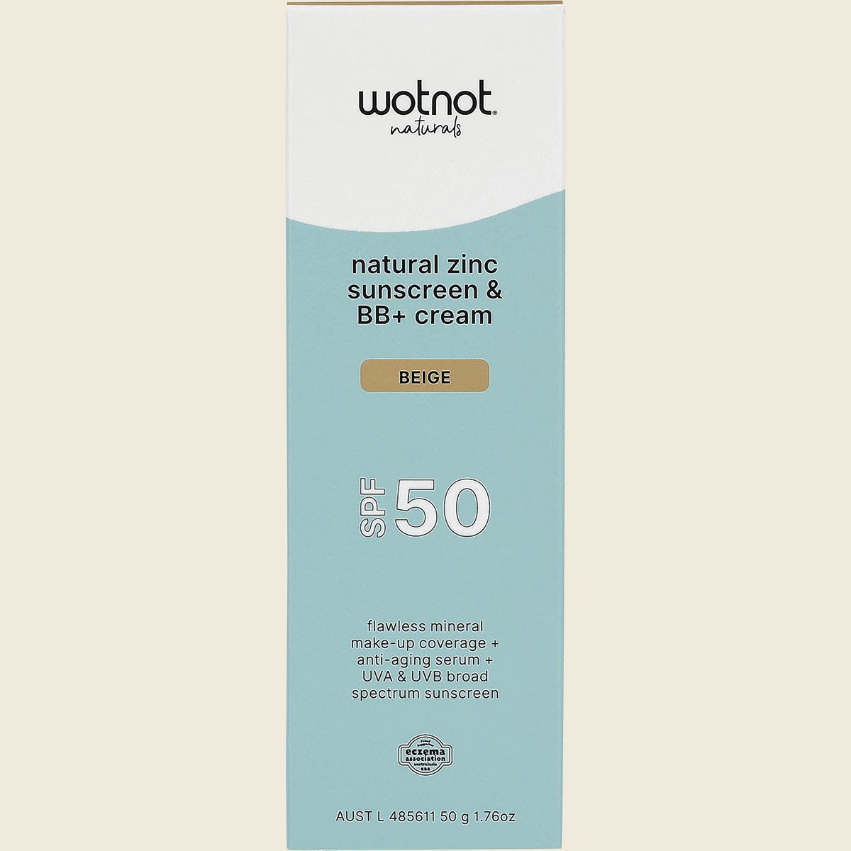 Wotnot Natural Zinc Sunscreen and BB+ Cream SPF 50 Beige 50g box with floral illustrations on a white background.
