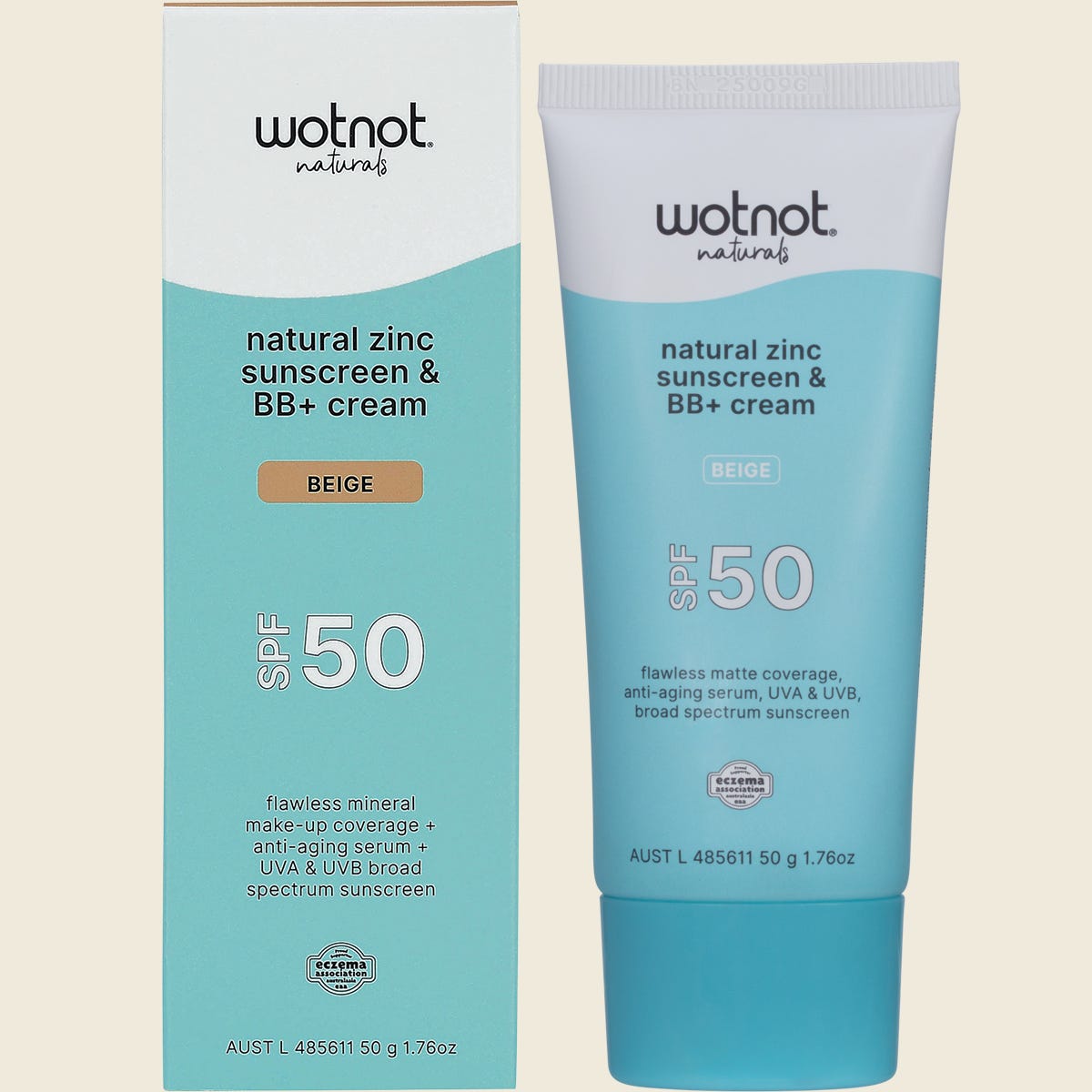 Wotnot Natural Zinc Sunscreen and BB Cream SPF 50 Beige 50g tube and box on a white background.